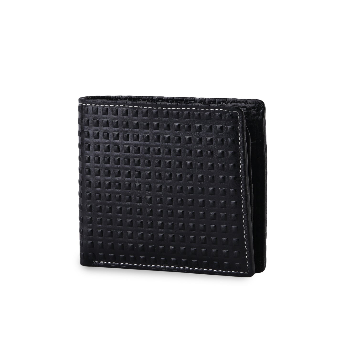 MARFIT Black Genuine Leather Bifold Wallet for Men – Raised Embossed Grid Pattern, Coin Pocket, ID Window & Card Slots
