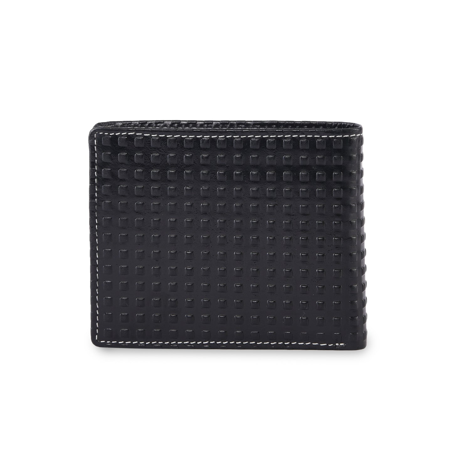 MARFIT Black Genuine Leather Bifold Wallet for Men – Raised Embossed Grid Pattern, Coin Pocket, ID Window & Card Slots
