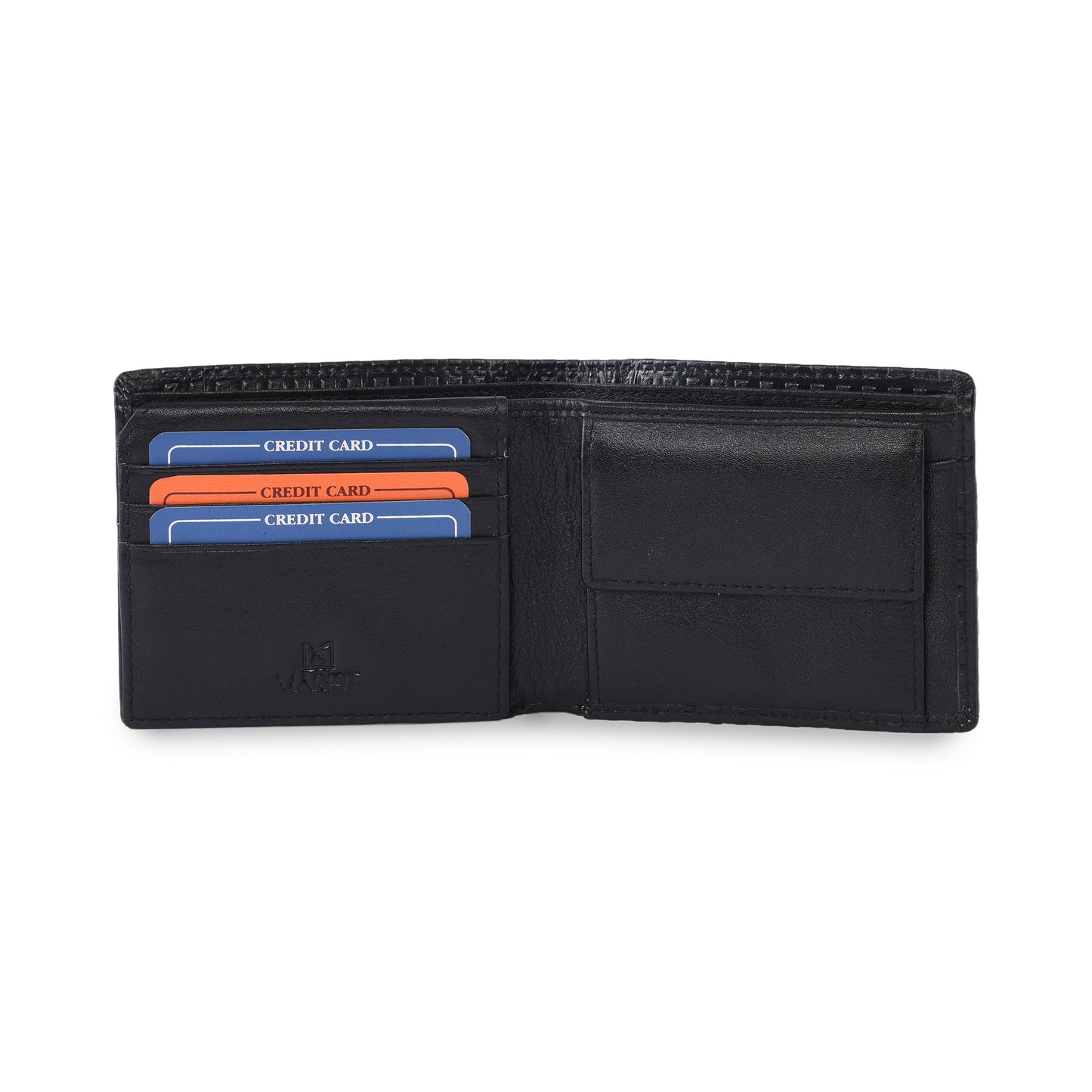 MARFIT Black Genuine Leather Bifold Wallet for Men – Raised Embossed Grid Pattern, Coin Pocket, ID Window & Card Slots