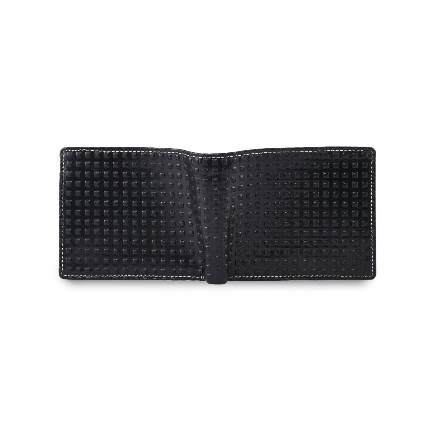 MARFIT Black Genuine Leather Bifold Wallet for Men – Raised Embossed Grid Pattern, Coin Pocket, ID Window & Card Slots