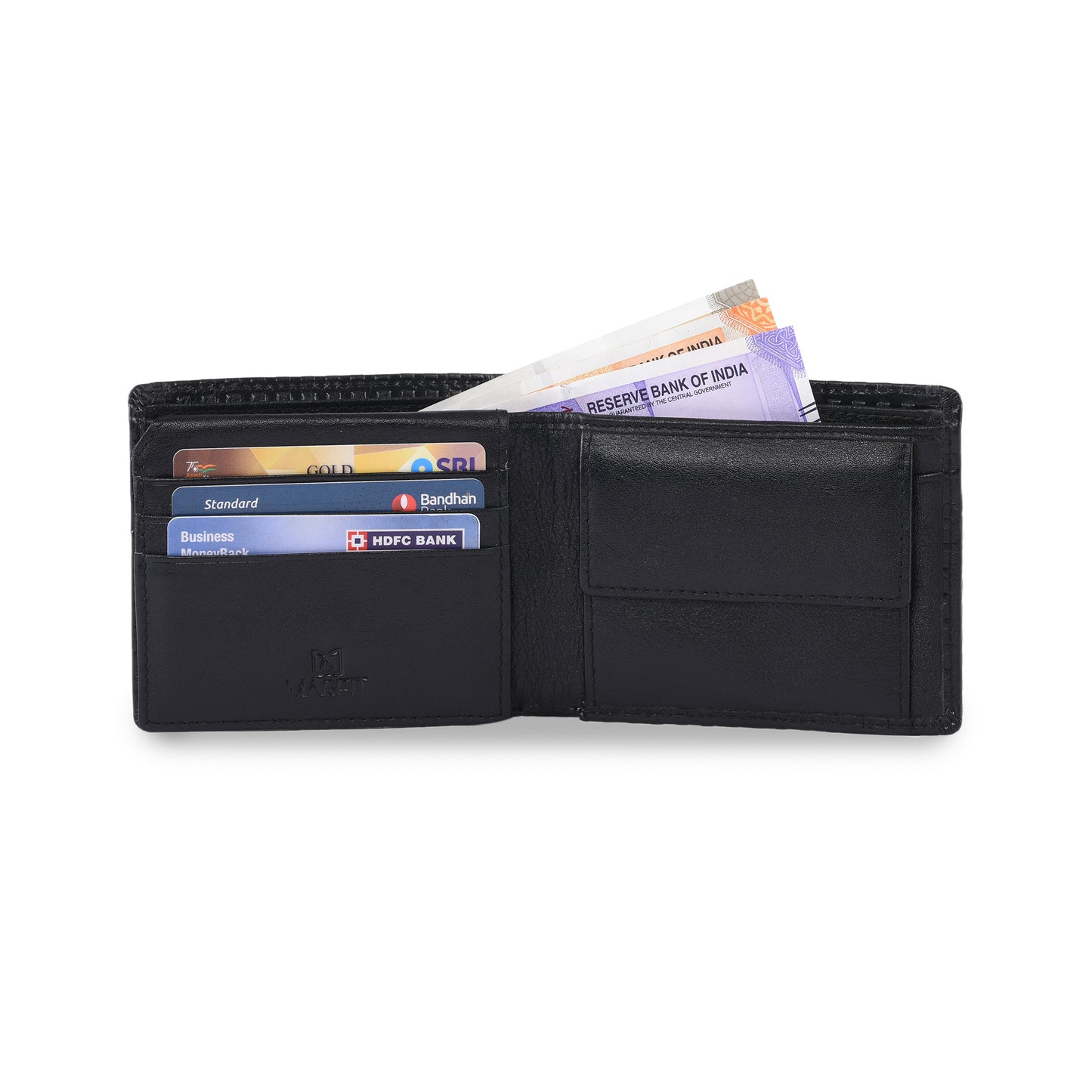 MARFIT Black Genuine Leather Bifold Wallet for Men – Raised Embossed Grid Pattern, Coin Pocket, ID Window & Card Slots