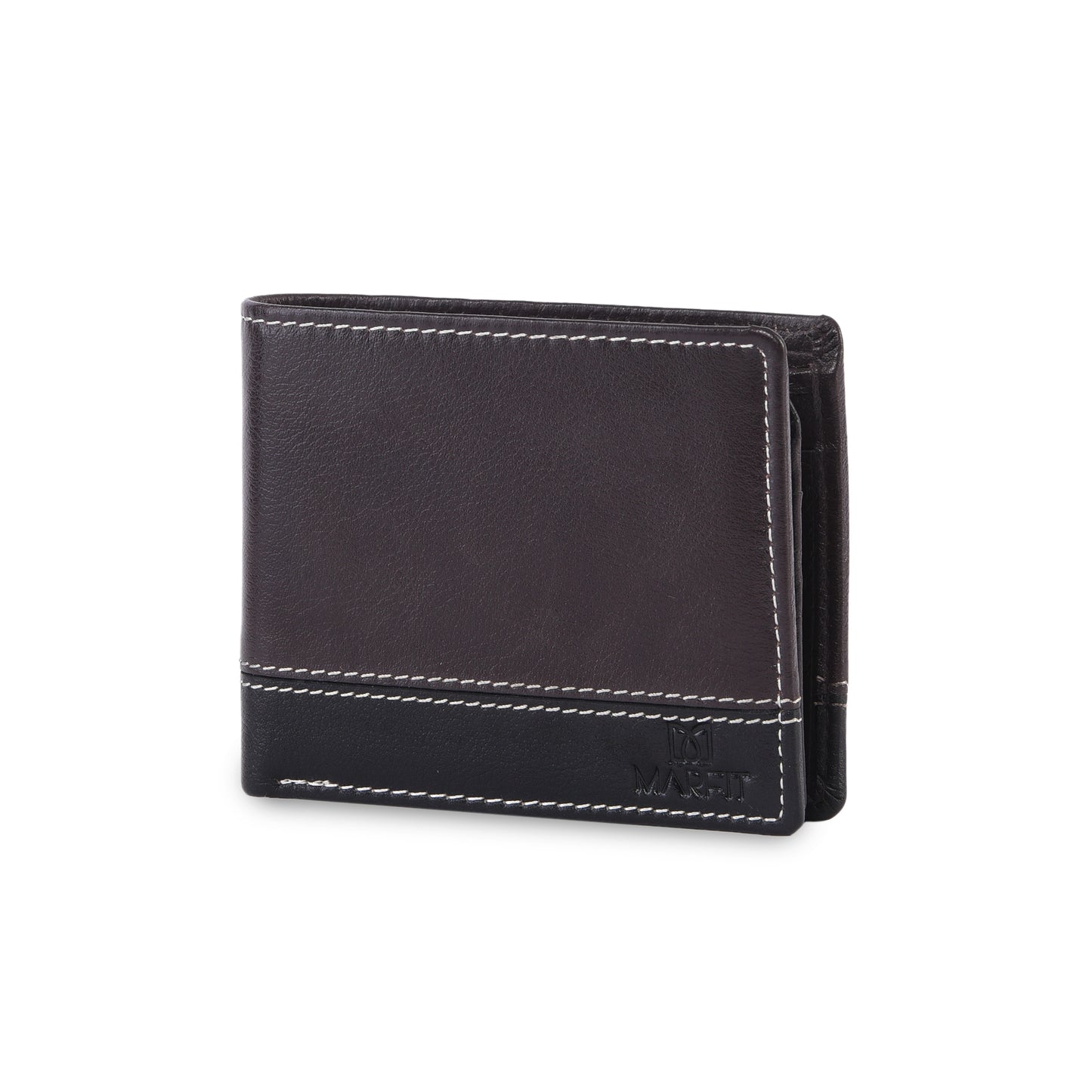 MARFIT Brown Genuine Leather Bifold Wallet for Men – Dual Tone Design with Contrast Stitching, Coin Pocket & ID Window