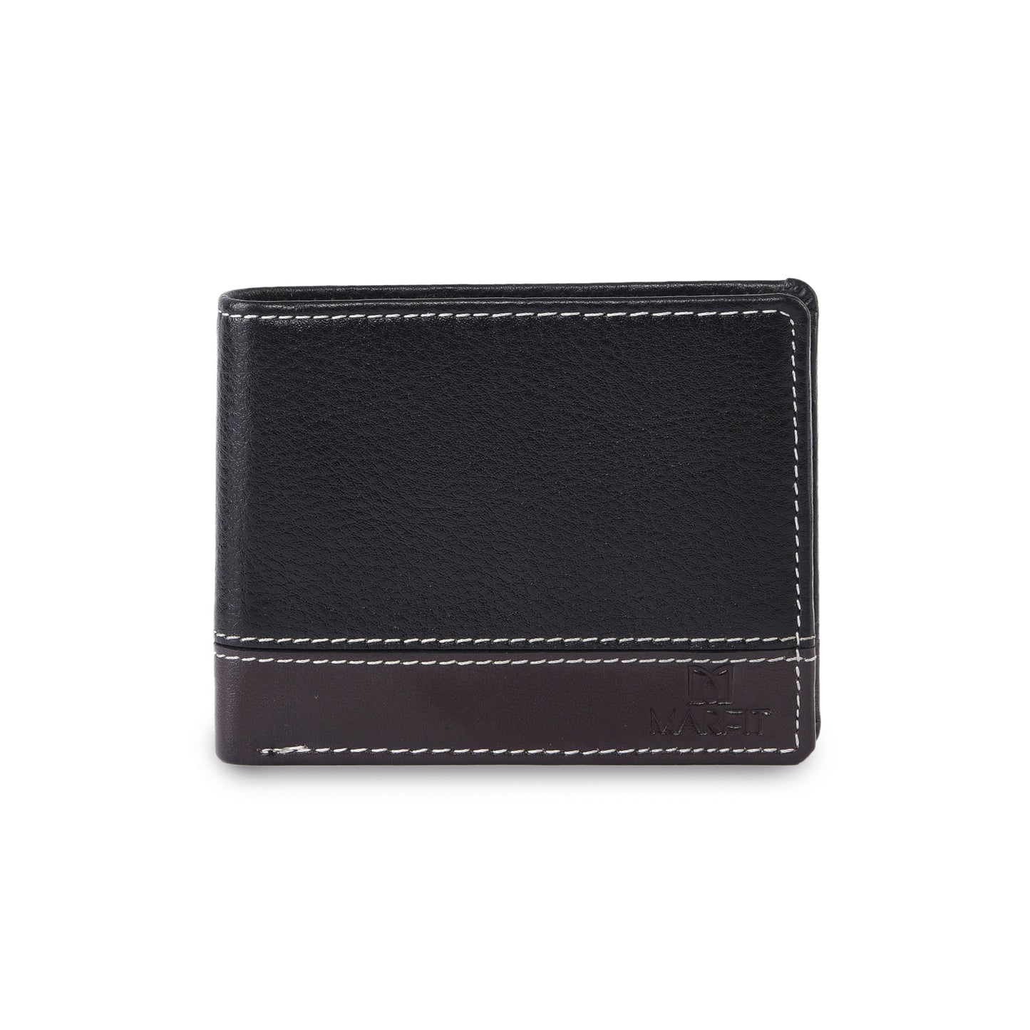 MARFIT Black Genuine Leather Bifold Wallet for Men – Dual Tone Design with Contrast Stitching, Coin Pocket & ID Window