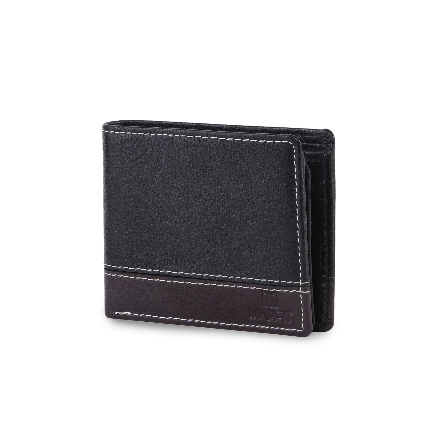 MARFIT Black Genuine Leather Bifold Wallet for Men – Dual Tone Design with Contrast Stitching, Coin Pocket & ID Window