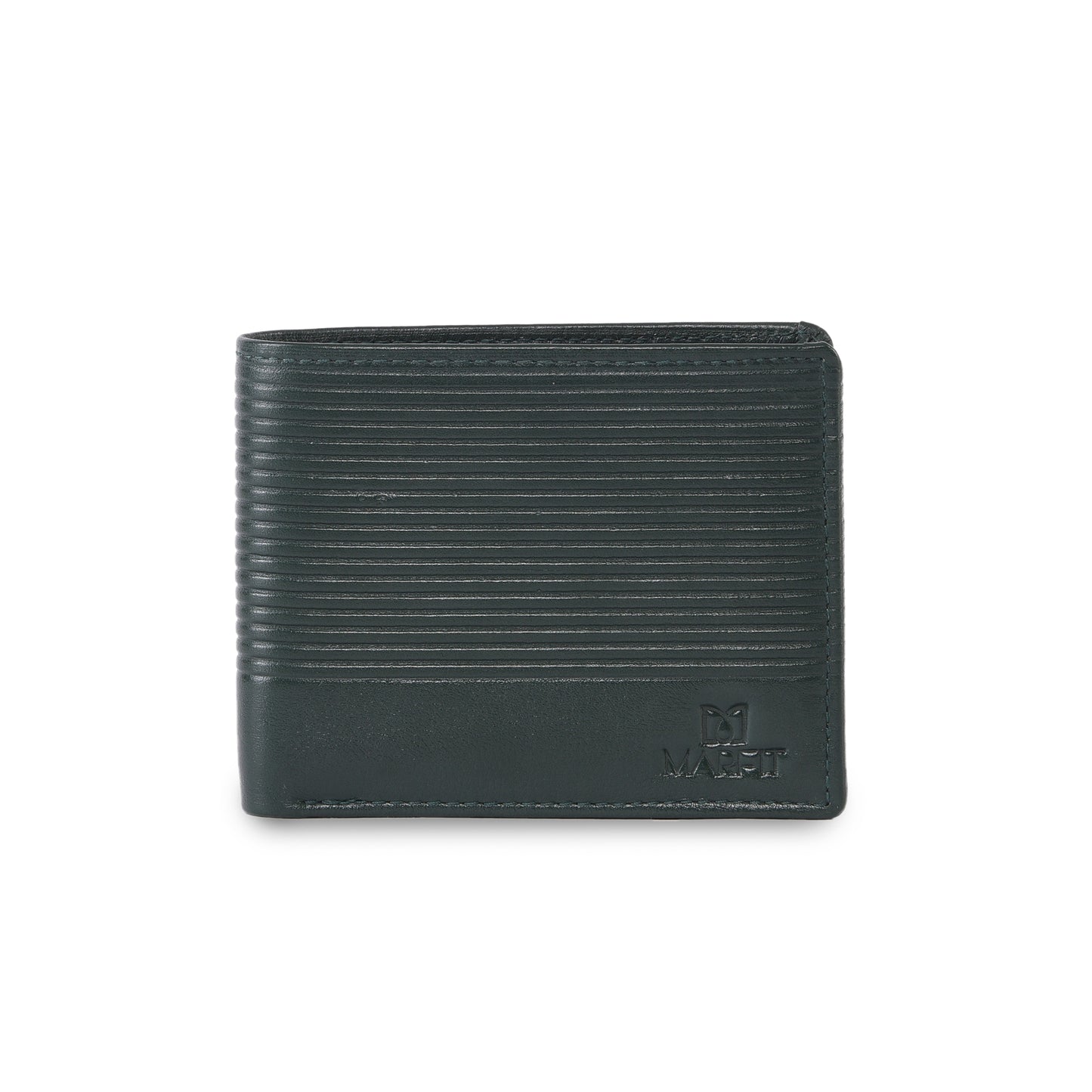 MARFIT Green Genuine Leather Bifold Wallet for Men – Horizontal Line Embossed Design with Coin Pocket