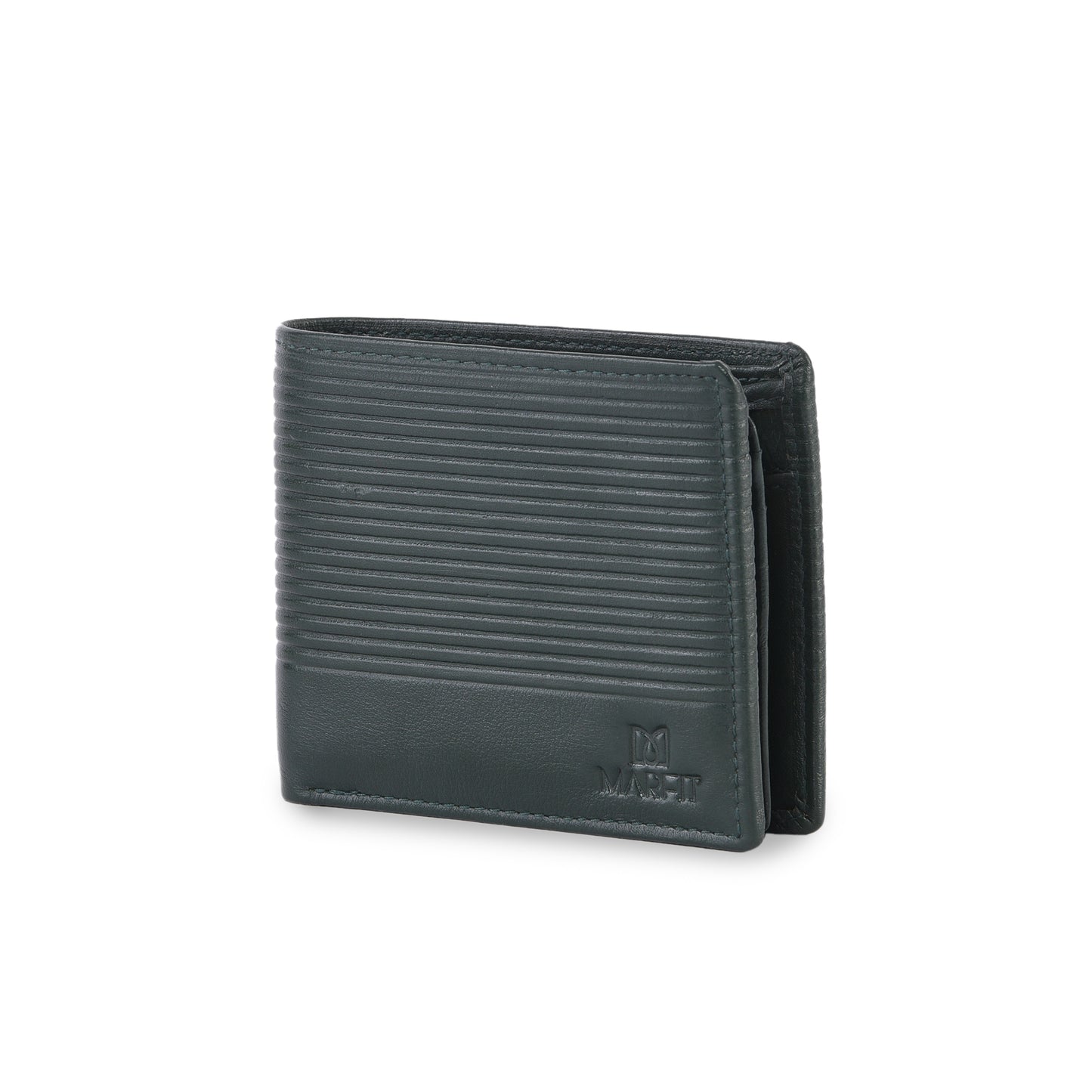 MARFIT Green Genuine Leather Bifold Wallet for Men – Horizontal Line Embossed Design with Coin Pocket