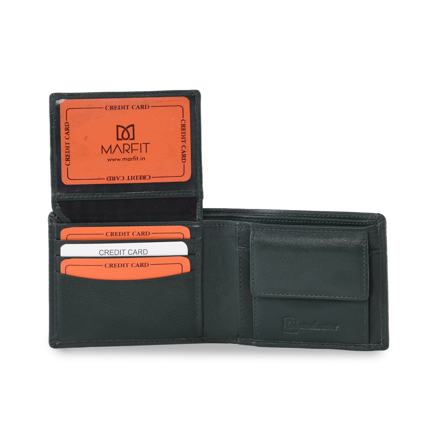 MARFIT Green Genuine Leather Bifold Wallet for Men – Horizontal Line Embossed Design with Coin Pocket