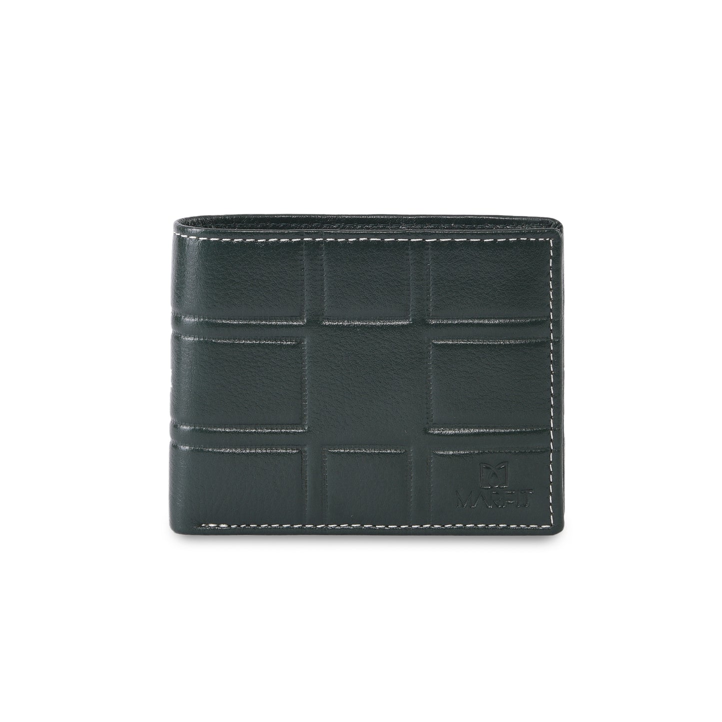MARFIT Green Genuine Leather Bifold Wallet for Men – Embossed Grid Pattern with Coin Pocket & Card Slots