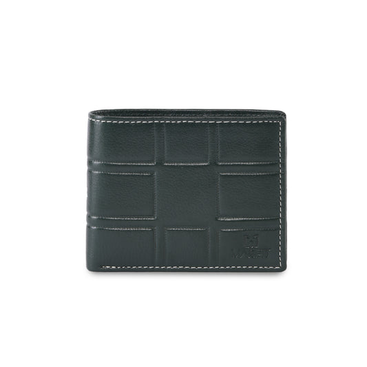 MARFIT Green Genuine Leather Bifold Wallet for Men – Embossed Grid Pattern with Coin Pocket & Card Slots