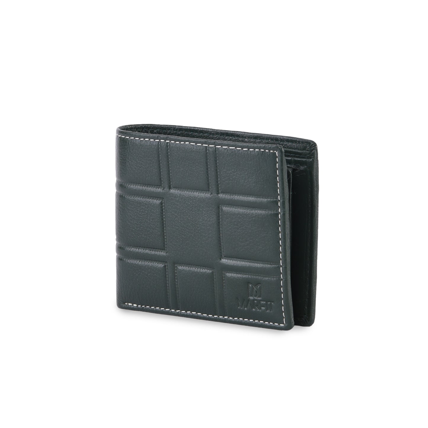 MARFIT Green Genuine Leather Bifold Wallet for Men – Embossed Grid Pattern with Coin Pocket & Card Slots