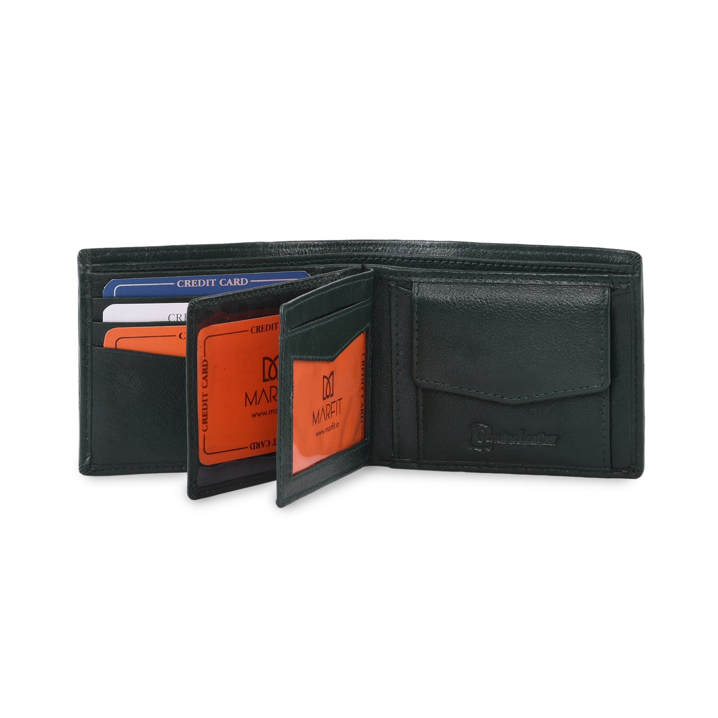 MARFIT Green Genuine Leather Bifold Wallet for Men – Embossed Grid Pattern with Coin Pocket & Card Slots