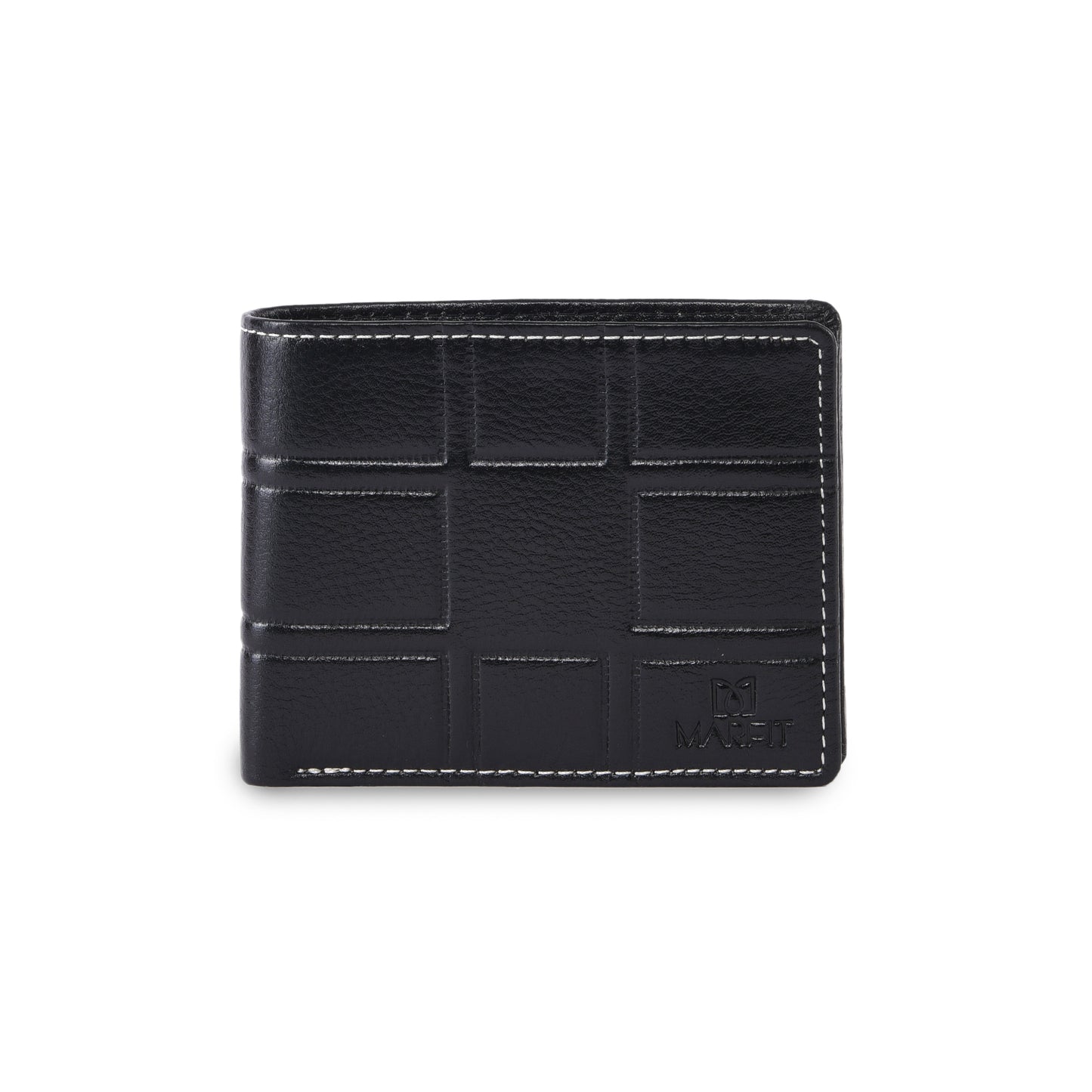 MARFIT Black Genuine Leather Bifold Wallet for Men – Embossed Grid Pattern, Coin Pocket, Multiple Card Slots