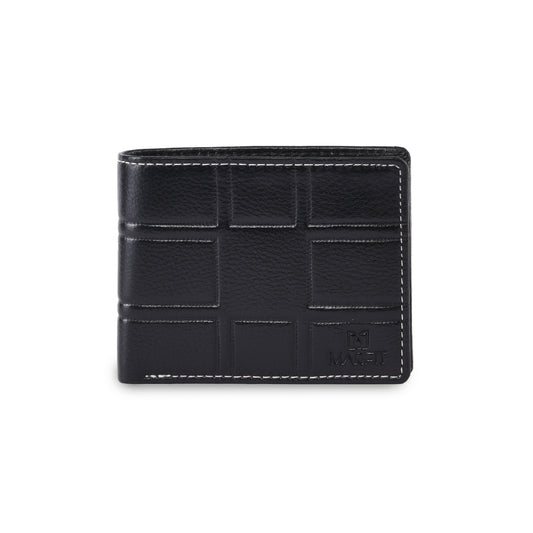 MARFIT Black Genuine Leather Bifold Wallet for Men – Embossed Grid Pattern, Coin Pocket, Multiple Card Slots