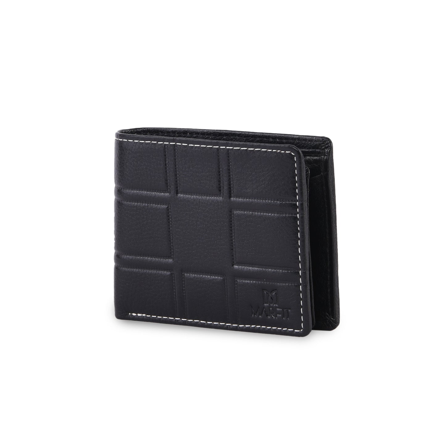 MARFIT Black Genuine Leather Bifold Wallet for Men – Embossed Grid Pattern, Coin Pocket, Multiple Card Slots