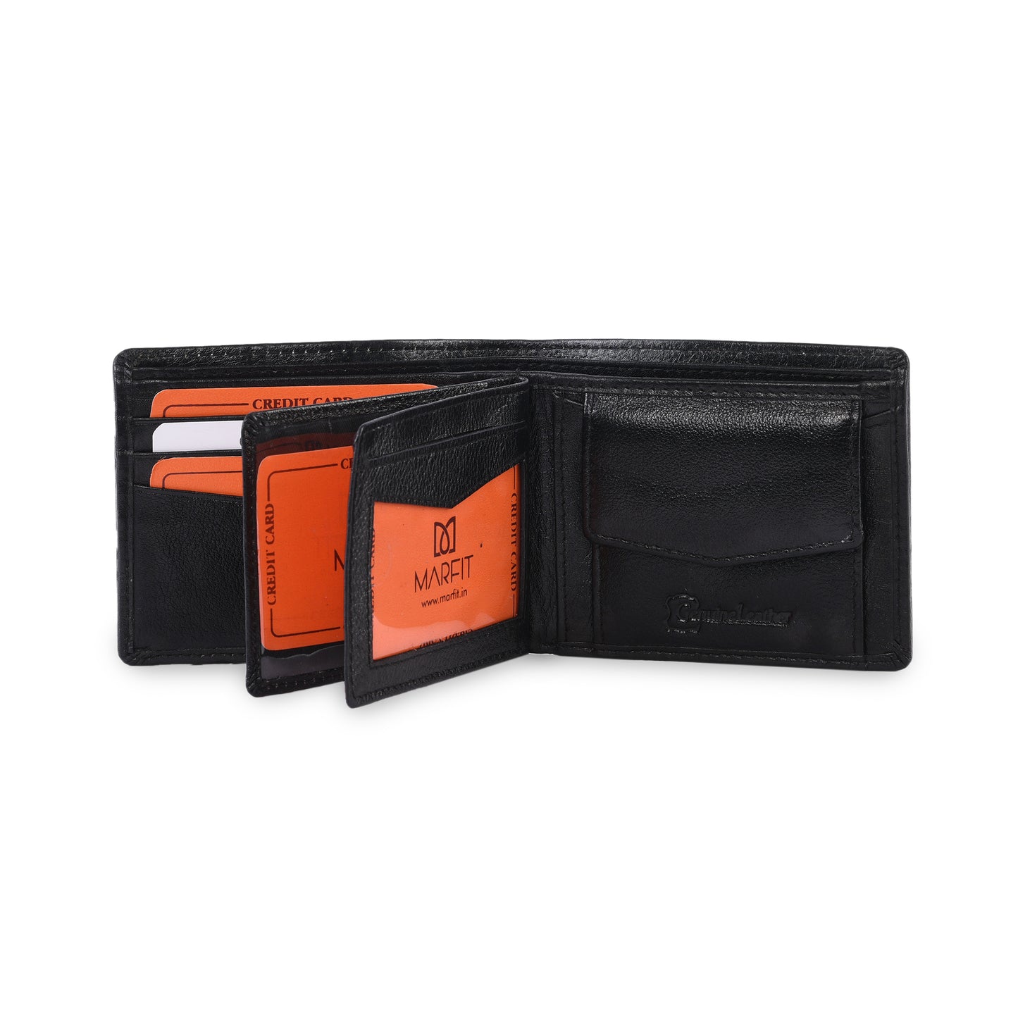 MARFIT Black Genuine Leather Bifold Wallet for Men – Embossed Grid Pattern, Coin Pocket, Multiple Card Slots