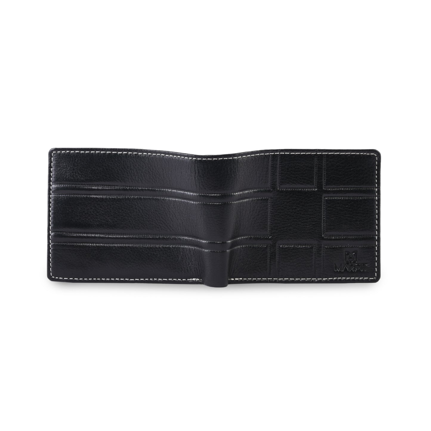 MARFIT Black Genuine Leather Bifold Wallet for Men – Embossed Grid Pattern, Coin Pocket, Multiple Card Slots