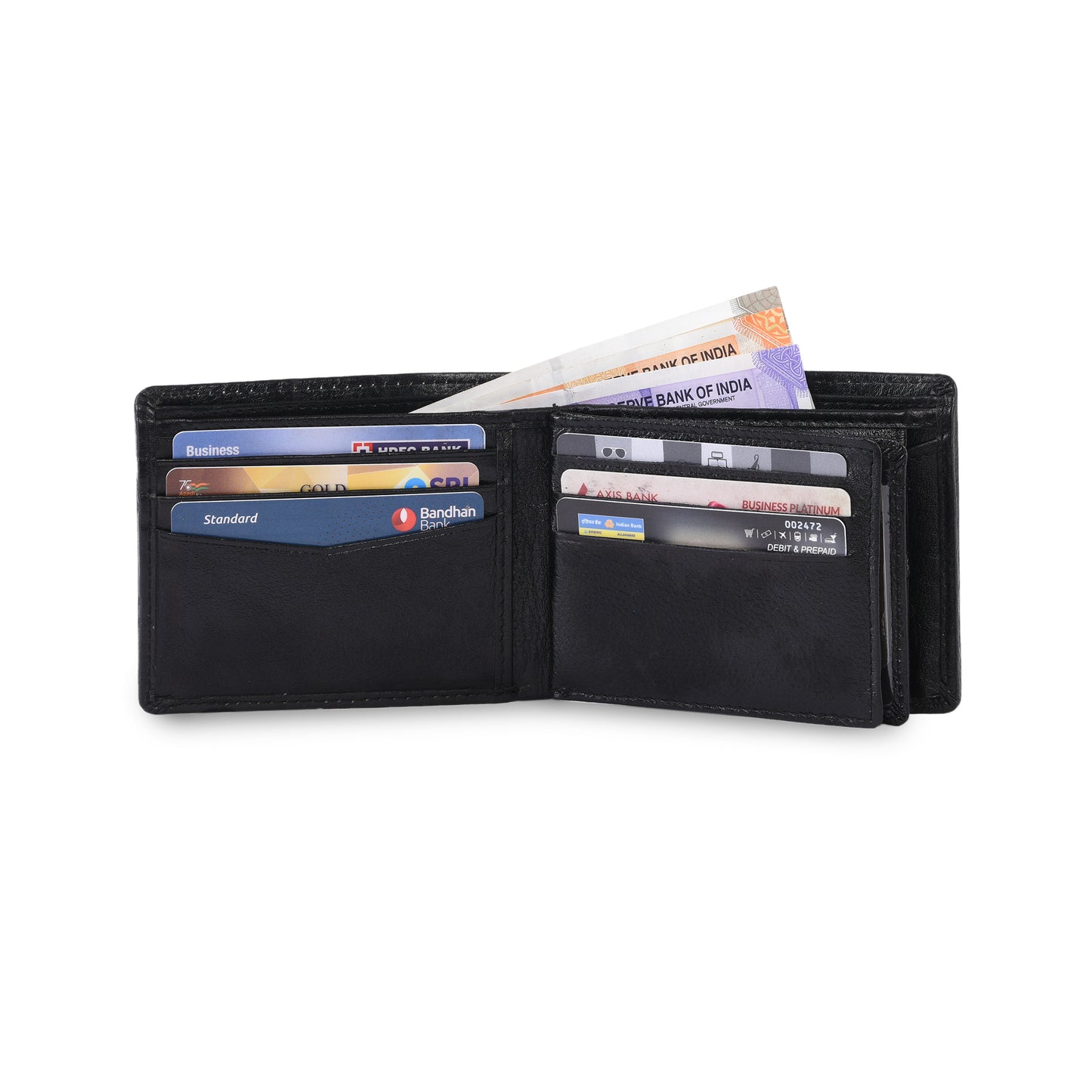 MARFIT Black Genuine Leather Bifold Wallet for Men – Embossed Grid Pattern, Coin Pocket, Multiple Card Slots