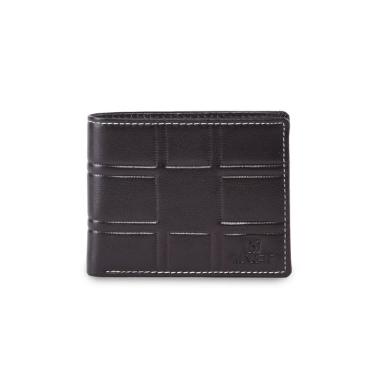 MARFIT Brown Genuine Leather Bifold Wallet for Men – Embossed Grid Pattern with Coin Pocket & Card Slots