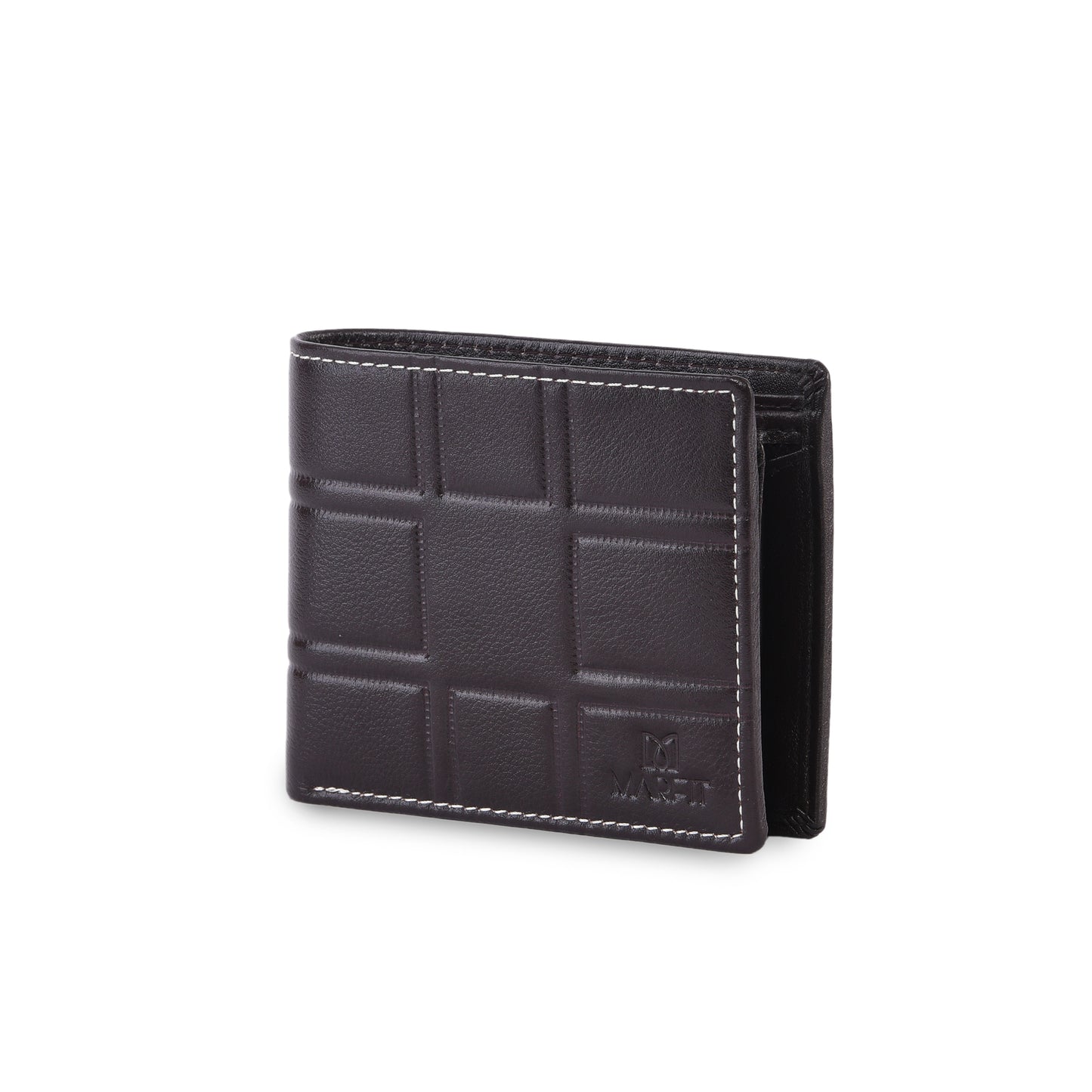MARFIT Brown Genuine Leather Bifold Wallet for Men – Embossed Grid Pattern with Coin Pocket & Card Slots
