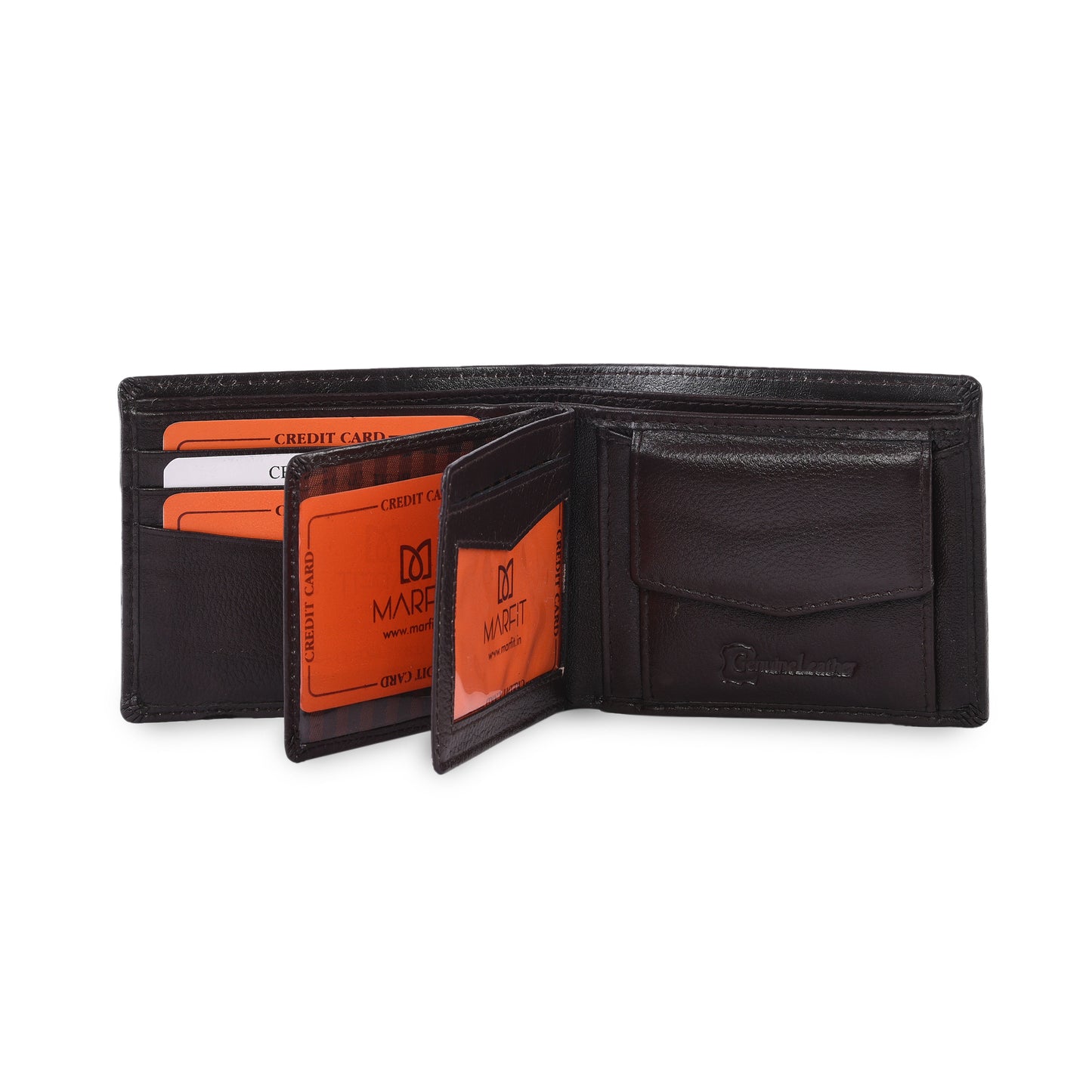 MARFIT Brown Genuine Leather Bifold Wallet for Men – Embossed Grid Pattern with Coin Pocket & Card Slots