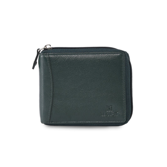 MARFIT Green Genuine Leather Bifold Wallet for Men with Zipper Closure & Coin Pocket