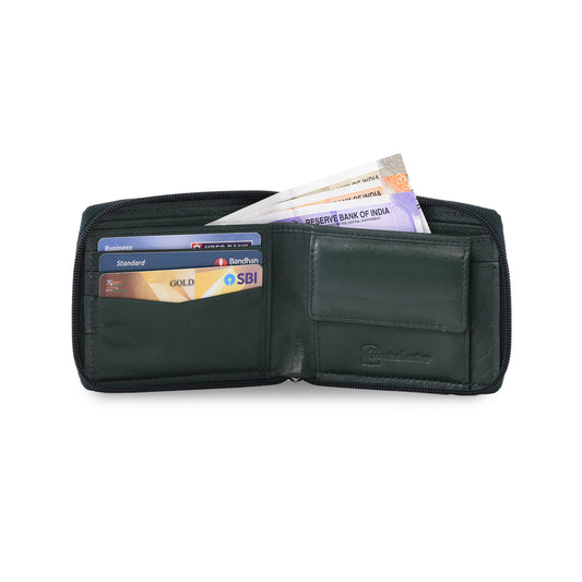 MARFIT Green Genuine Leather Bifold Wallet for Men with Zipper Closure & Coin Pocket