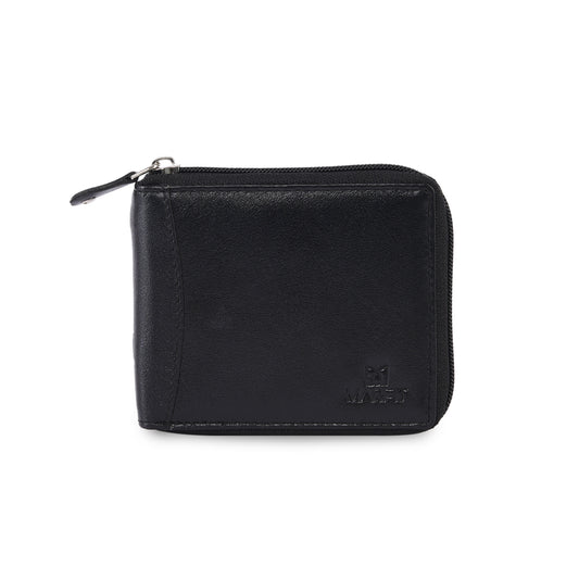 MARFIT Black Genuine Leather Bifold Wallet for Men with Zipper Closure & Coin Pocket