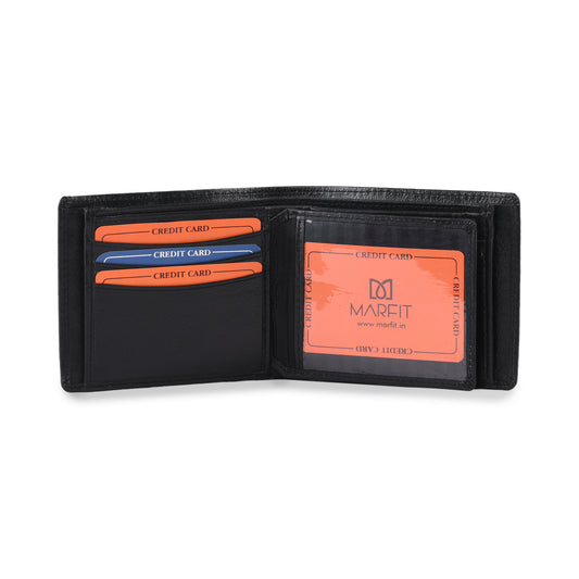 MARFIT Black Genuine Leather Wallet for Men – Slim Bifold Wallet with Card Slots, ID Window & Coin Pocket