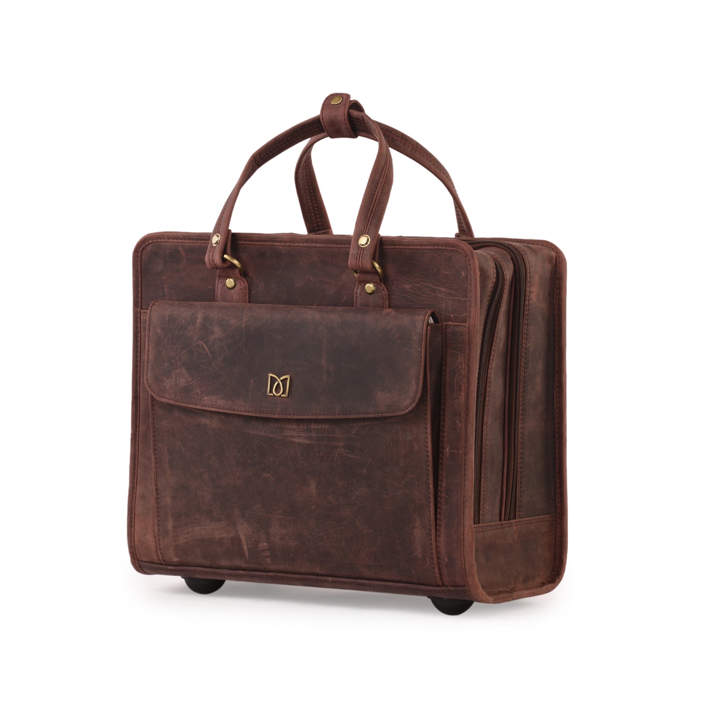 MARFIT Genuine Leather Trolley Messenger Bag with Wheels – 2 Compartment Laptop Office Travel Briefcase (Brown Vintage)