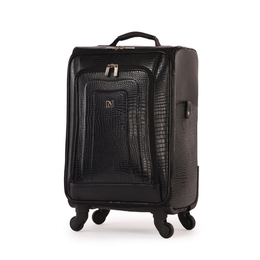 MARFIT Black Croco Leather Cabin Trolley – Premium 4 Wheel Travel Suitcase