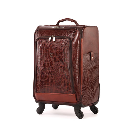MARFIT Brown Croco Genuine Leather Cabin Trolley – Luxury 4 Wheel Travel Suitcase